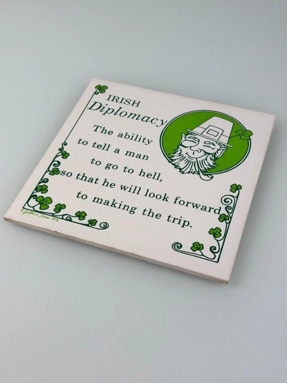 Vintage Gilbert Stone Irish Diplomacy Humor Quote Wall Tile Art Leprechaun READ